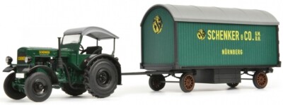 Tracteur Miniature SCHUCO DEUTZ F3 Avec Roulotte Schenker - Échelle 1/32 - Vert - SCH7819