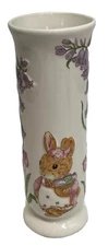 Vintage Easter Bud Vase W Bunny Holding Basket Of Eggs Surrounded By Flowers PO