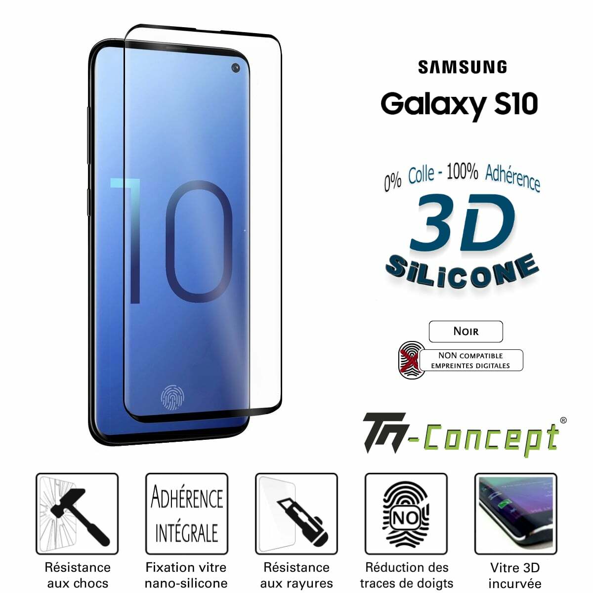 Verre trempé 3D Samsung S10 Noir protection écran intégrale anti-rayures