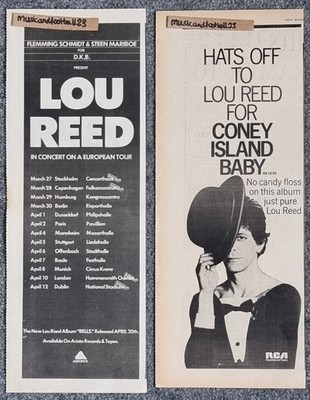 2 LOU REED CONEY ISLAND BABY + 1975 EUROPEAN TOUR 1979 Ads 16½''x6½'' 42x16cm VG+