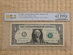 2021 $1 fancy serial number J05000001D trinary UNC with 6 of kind 0s