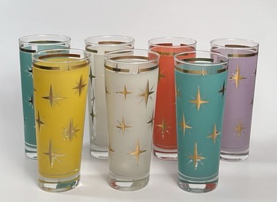 VTG Bartlett Collins North Star Atomic 7 MCM Highball Glass Set Gold Starburst