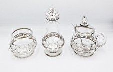FINE STERLING SILVER OVERLAID GLASS CRUET SET Birmingham 1925