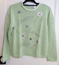 VTG Alfred Dunner Size PXL Green Embroidered Pullover Sweater Cotton Ramie Blend
