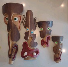 4 Unique Handmade Cubist Wooden Faces Wall Hanging Lewriginals MCM B2-F3 