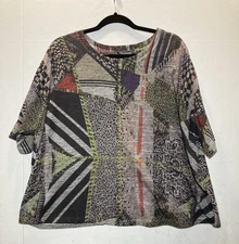 Inoah Womens Art To Wear Abstract Boxy Oversized Top Size M Boho Dolman Sleeves