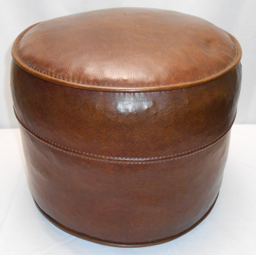 Vintage MCM Brown Vinyl Footstool Mid-Century Footrest Round Ottoman 14" x 12"