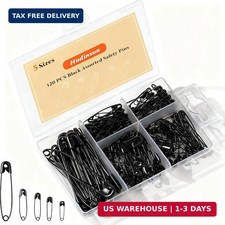 120pc Black Safety Pins Assorted 5 Sizes Bulk for Sewing Clothes Garment Clips