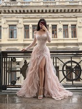 Blush Off Shoulder Prom Dress Beaded High Slit Ruffled Tulle Evening Gown