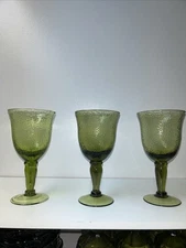 Set Of 3 Pebbled  Green Glass Goblet Pedestal Glass MCM Avocado Green Glass EUC
