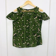 ROZ & ALI Petite Top Women's Size PM Green Floral Print Cold Shoulder Button Up