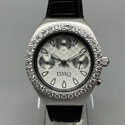 DMQ Womens Watch 32mm Crystal Bezel Black Leather Multifunction New Battery