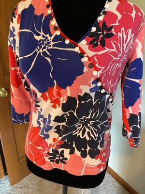 Ruby Rd 3/4 sleeve pink/blue/black and white blouse size PS