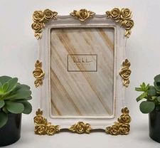 New Nicole Miller White / Gold BOHO Floral Hollywood Regency Picture Frame 5x7
