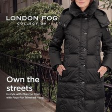 London Fog Coat Womens Small Black Down Puffer Hooded Faux Fur Trim Mid Length