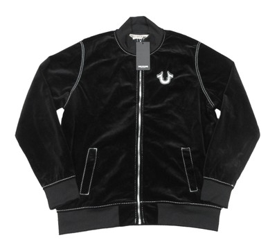 True Religion Men's Black Big T Velvet Mock-Neck Full Zip Bomber Jacket 