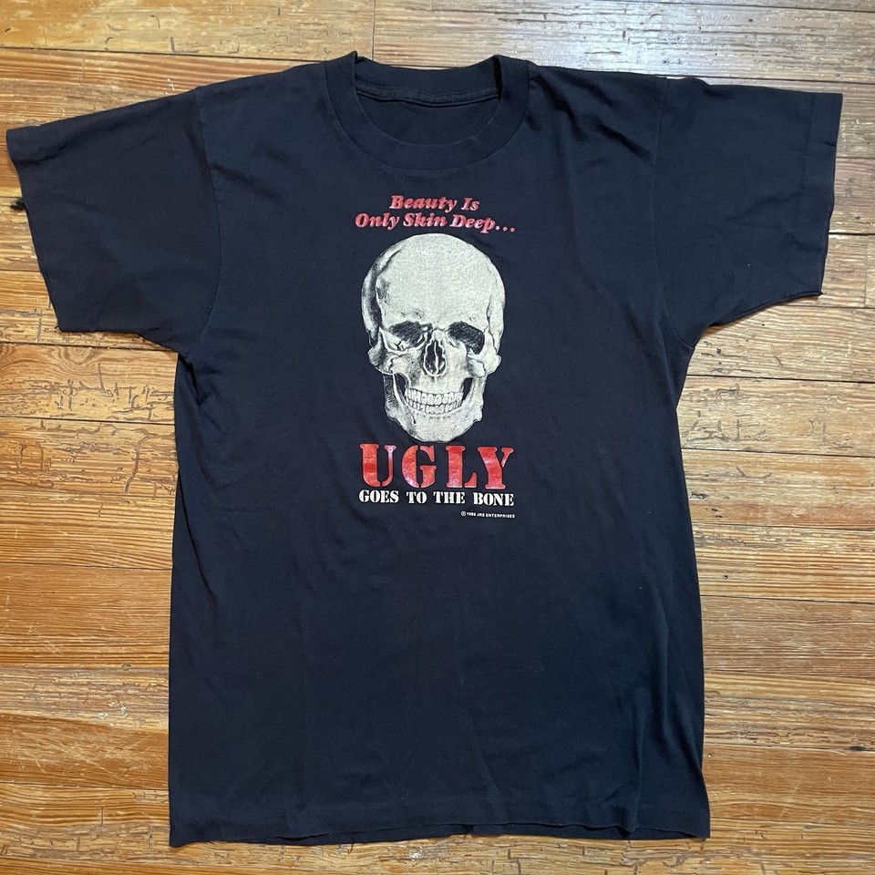 An 80s 'Death Skull' novelty tee that straddles the line between camp and morbid humor — the kind of shirt people stop you to ask about.