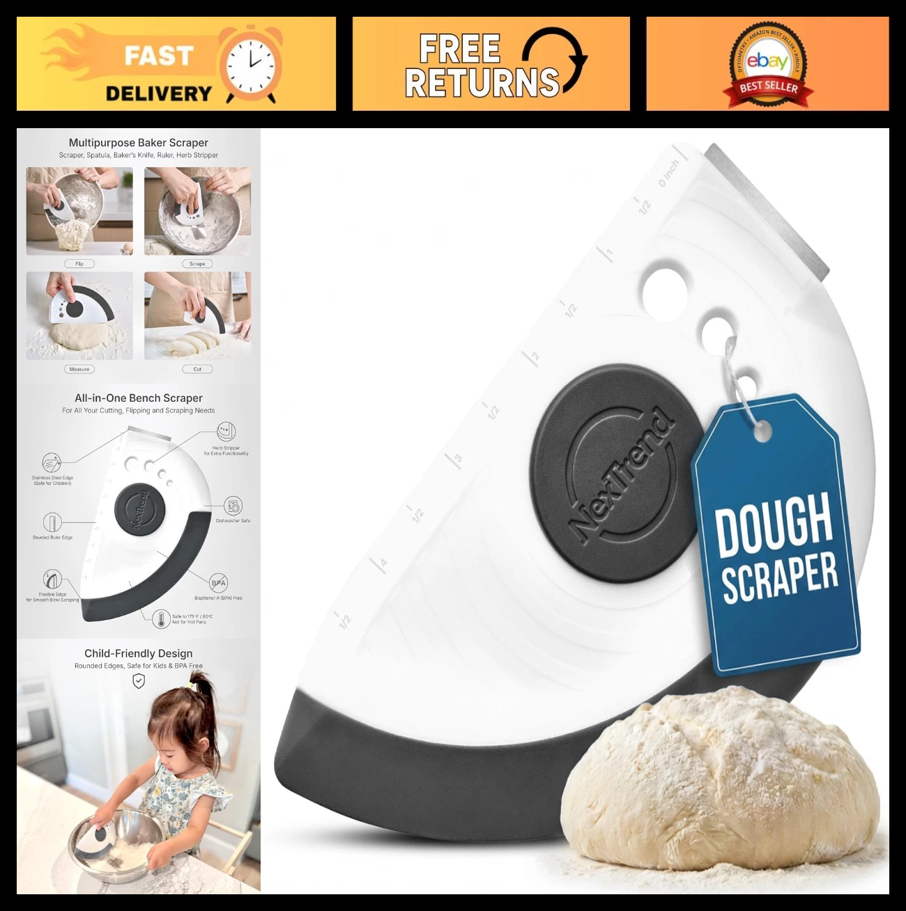 5-in-1 Dough Scraper & Bowl Scraper, Stainless Steel Edge, Ruler & Herb Stripper
Opens in a new wind