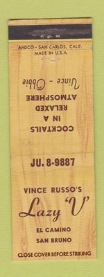 Matchbook Cover - Lazy V El Camino San Bruno CA bar WEAR