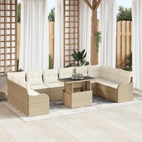 11-Teiliges Garten-Sofa-Set Mit Kissen Beige Poly Rattan, 2-Sitzer Garten-Sofa M