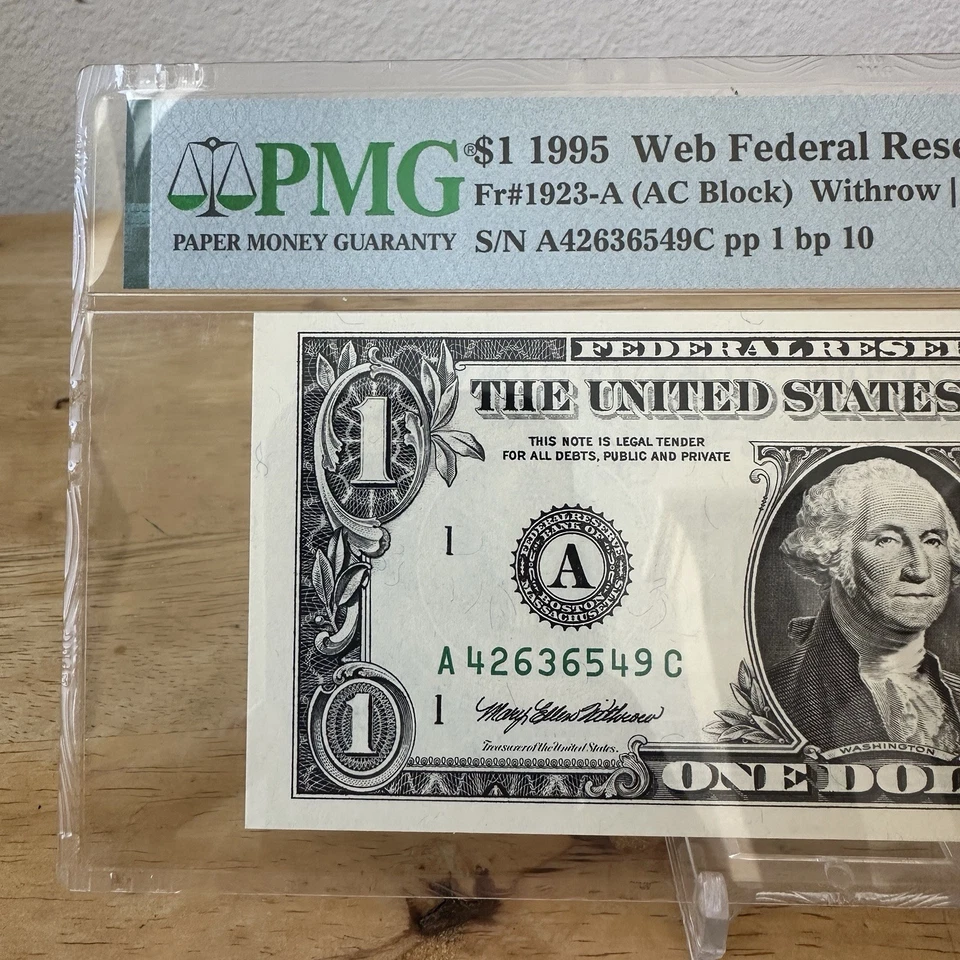 1995 $1 Federal Reserve WEB Note Boston AC Block 1/10 PMG Choice Unc 64 EPQ - Image 3 of 4