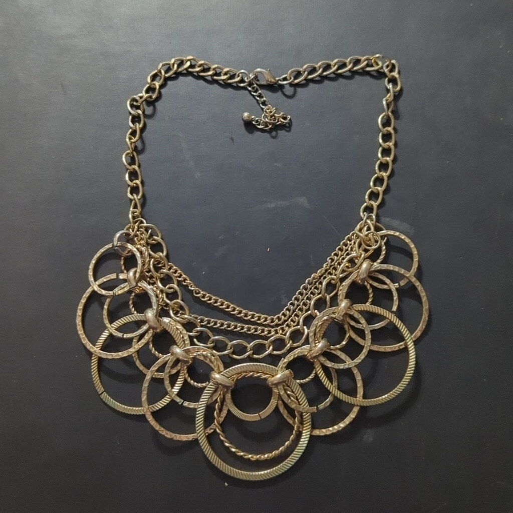 Gold Tone Interlocking Ring Loop and Chain Layere… - image 1