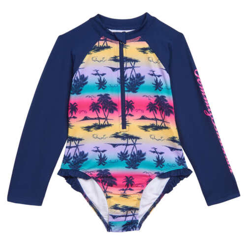 Tommy Bahama Kids Girls 3-piece Swim Set Palm Trees Color Blue/Pink Sizes 2T-5 - Picture 2 of 7
