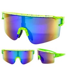 Oversized RETRO SPORTY WRAP AROUND Shield Cycling SUN GLASSES Large Green Frame