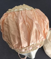 Antique Womens Sleeping Bonnet Hat Cap Lace Boudoir Peach Knitted Crochet Props