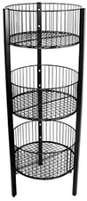 3-Level Wire Basket Display Rack, Floor Standing, Round Bins, Metal Frame Black