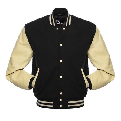 Black Cream Varsity Wool Letterman Jacket Real Leather Sleeves Cream Rib