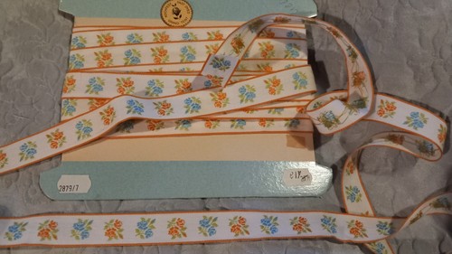 ANCIEN GALON RUBAN BLEU MOTIF CHAMPIGNON FLEUR 16 METRES 3 cm