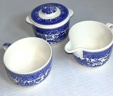 Vintage Royal Blue Willow Creamer Sugar Bowl W/ Lid  Tea Cup 4 Pc Set Unmarked