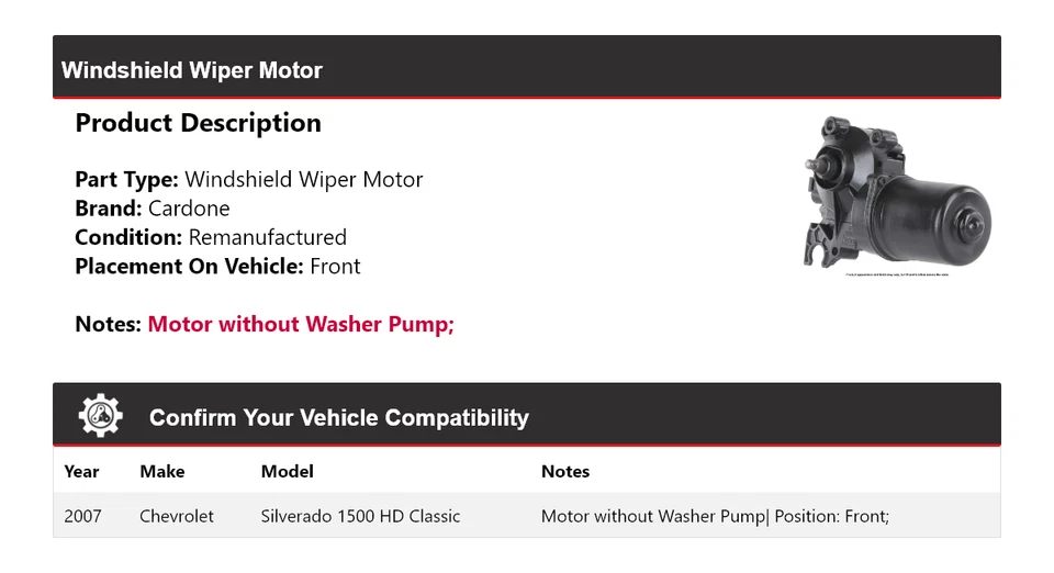 Chevrolet Silverado 1500 HD 2007 clásico limpiaparabrisas motor cardone Foto 2 de 4