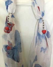 Charm Embellished Scarf Necklace White With Blues And Reds Butterflies