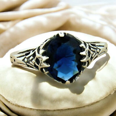 VICTORIAN STYLE 925 STERLING SILVER ROYAL BLUE SIMULATED SAPPHIRE RING     #1138