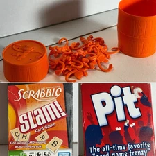 Lot 3 Games Barrel Monkeys (10) Card Games Scrabble Slam & Pit Trading Card Game