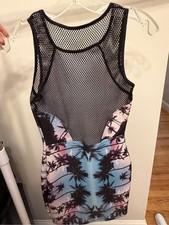 Mesh Back Tropical Print Bodycon Dress - Black, Blue, Pink