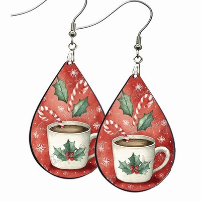 Hot Cocoa & Candy Cane Christmas Earrings Teardrop Dangle Wood NO TARNISHING