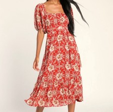 Lulus Daily Daydream Rust Red Floral Puff Sleeve Midi Dress Party Wedding L NWT