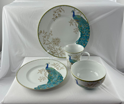 222 Fifth Peacock Garden 4 pc set:  Dinner/Salad plate Cereal Bowl  and Mug