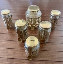 Taxco Mexico brass overlay cut-out sleeve clear glass jars for sugar condiments