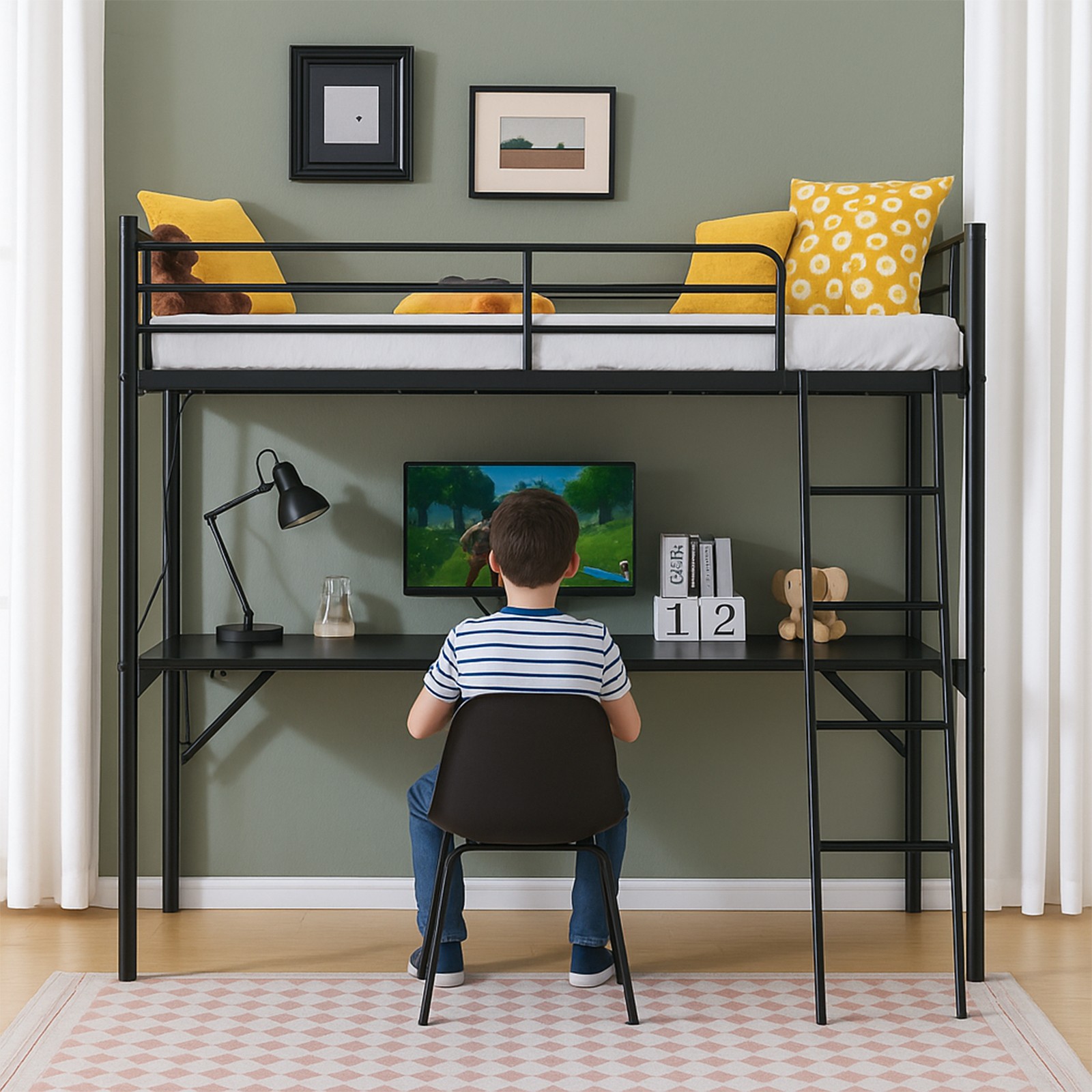 Single Solid Metal Loft Bed Frame High Sleeper Bunk Bed Study Desk Cabin Bed