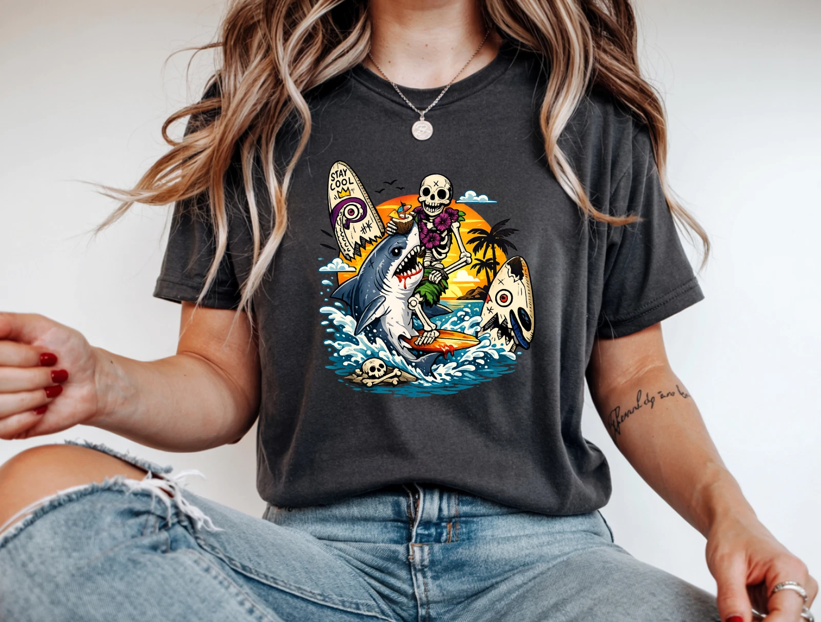 Skeleton Riding Shark Surfing T-Shirt Funny Summer Beach Skull Graphic Tee