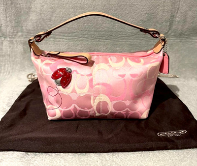COACH Ladybug Pink Signature Pouch mini Hand bag Leather Canvas