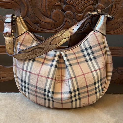 Burberry Rydal Hobo Haymarket Check Gold Leather & Coated Pleated Purse