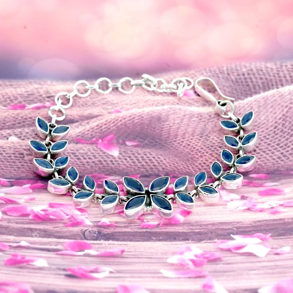 Pulsera hecha a mano de piedras preciosas azules naturales de plata de ley 925 con zafiro Foto 3 de 4