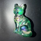 Fenton Iridescent Green Blue Cat Flowers Hand Painted Figurine Art Glass Signed