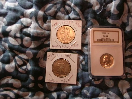 Neat NGC Silver 1955D Washington Quarter MS 64 and 2 1935 Walking Liberty Halves