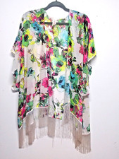 Womens multicolor duster topper Kimono Boho Open Fringe Sz L watercolor print EC